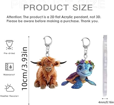 2 Pack Cute Keychains Set - Highland Cow & Floral Turtle Key Chain, Cartoon Animal Keyring for Bag/Car/Wallet, Unique Charm Accessory Gift for Women Men Animal Lovers/YSK-T13 in Saudi Arabia