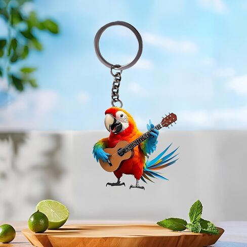 Acrylic Parrot Guitar Keychain - Colorful Bird Playing Ukulele Key Ring for Keys, Bags, Cars | Ideal Gift for Bird/Music Lovers/YSK-65 in Saudi Arabia