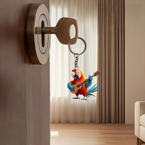 Acrylic Parrot Guitar Keychain - Colorful Bird Playing Ukulele Key Ring for Keys, Bags, Cars | Ideal Gift for Bird/Music Lovers/YSK-65 in Saudi Arabia