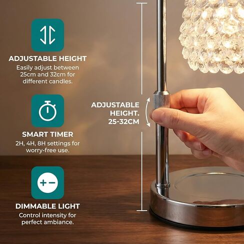 Candle Warmer Lamp with Timer & Dimmer, Adjustable Height Candle Lamp, Hand-Embedded Glass Crystal Lampshade, Valentine’s Day Gifts for Women/Mom, Wax Warmer for Home Decor (Silver) in Saudi Arabia