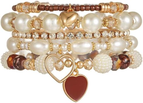 xuzhiyuan Boho Layered Bracelet Set for Women, Pearl Beaded Bracelets with Heart Charm & Crystal, Stackable Vintage Fashion Jewelry for Party Daily Wear in Saudi Arabia