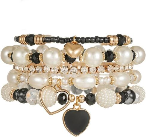 xuzhiyuan Boho Layered Bracelet Set for Women, Pearl Beaded Bracelets with Heart Charm & Crystal, Stackable Vintage Fashion Jewelry for Party Daily Wear in Kuwait