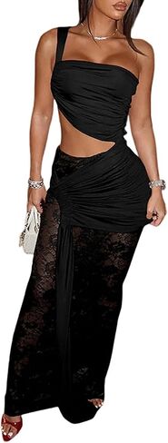 فساتين ماكسي نسائية بدون أكتاف واحدة مثيرة، فستان شبكي من الدانتيل ومكشكش بفتحة مفرغة، فستان حفلات الكوكتيل in Kuwait