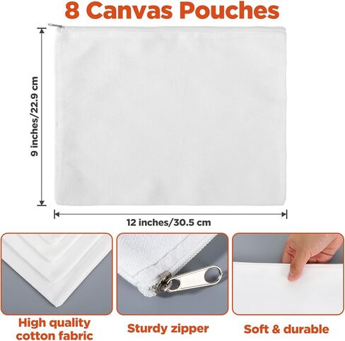 8 Pack Blank Canvas Makeup Bag, White 12 x 9 Inch Zipper Pouch Multipurpose Cosmetic Bag for DIY, Travel Organizer, Stationery Storage in Kuwait