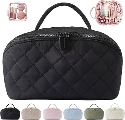 MINGRI Petition Makeup Bag for Travel,Women Cosmetic Bag Quilted Puffer Large Capacity 2Pcs Toiletry Bag Spacious 180°Open Valentine's Day Gift for Toiletries & Brushes with Compartments(Olive Green) in Kuwait