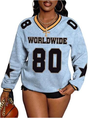 Women's Letter Graphic Y2K Jersey Shirt Long Sleeve V Neck Oversized Pullover Sweatshirts in Saudi Arabia