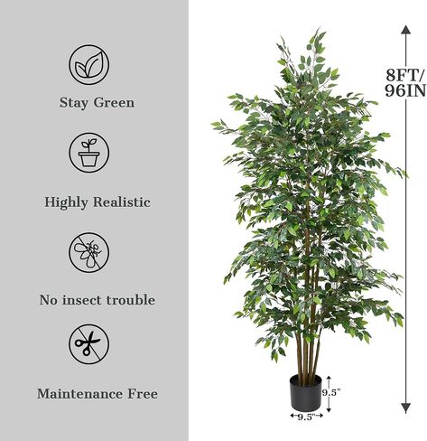 8FT Artificial Ficus Tree - Large Faux Plant Indoor Tree with Dense Leaves and Realistic Trunks,96" Tall Fake Tropical Plant Potted Artificial Floor Plant Trees for Home Living Room Porch Office Decor in Saudi Arabia