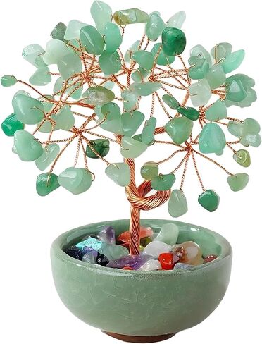 Green Aventurine Crystal Money Tree - Feng Shui Bonsai for Luck & Prosperity, Tabletop Decor for Home Office Artificial Trees with Green Ceramic Pot in Kuwait