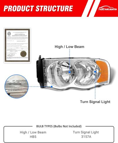 Headlight Assembly Pair for 2002-2005 Dodge Ram 1500 2003-2005 Ram 2500 3500 Chrome Housing Amber Reflector Clear Lens W/O Bulbs in Saudi Arabia