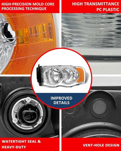 Headlight Assembly Pair for 2002-2005 Dodge Ram 1500 2003-2005 Ram 2500 3500 Chrome Housing Amber Reflector Clear Lens W/O Bulbs in Saudi Arabia
