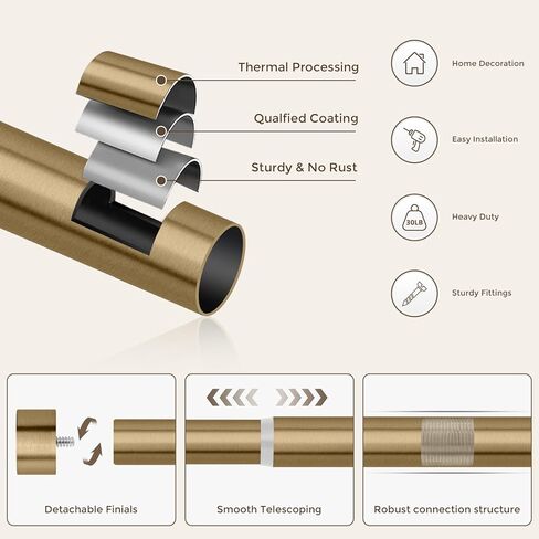 قضيب ستارة ذهبي دافئ من 48 إلى 84 بوصة، قضبان ستائر نحاسية شديدة التحمل للنافذة، قضيب معالجة نافذة بقطر 1 بوصة قابل للتعديل مع تشطيبات من سبائك الألومنيوم لغرفة النوم وغرفة المعيشة والمطبخ والمزرعة in Kuwait