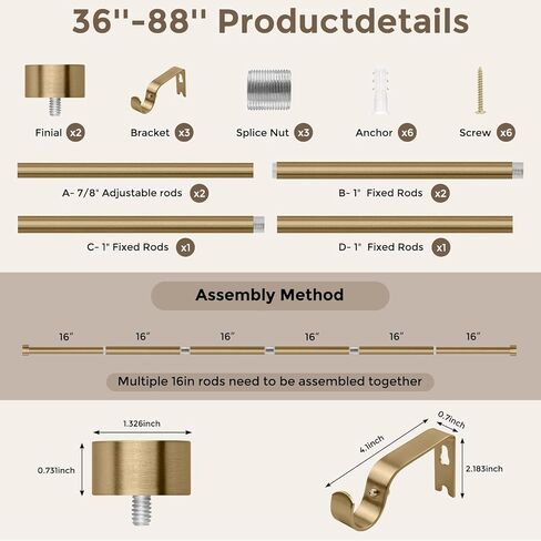 قضيب ستارة ذهبي دافئ من 48 إلى 84 بوصة، قضبان ستائر نحاسية شديدة التحمل للنافذة، قضيب معالجة نافذة بقطر 1 بوصة قابل للتعديل مع تشطيبات من سبائك الألومنيوم لغرفة النوم وغرفة المعيشة والمطبخ والمزرعة in Kuwait