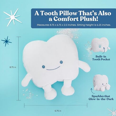 Tooth Fairy Pillow for Kids with Tooth Pocket, Tugs The Tooth Pillow, Comfort Plush for Loose Teeth, Big Feelings & Bedtime, Glow in The Dark, Ages 3+ in Saudi Arabia