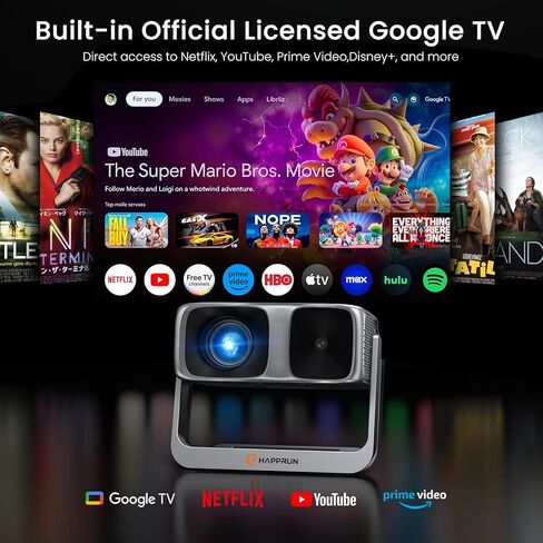 جهاز عرض HAPPRUN مع واي فاي وبلوتوث، جهاز عرض ذكي مرخص من Netflix، جهاز عرض 400ANSI 1080P FHD مع مكبر صوت خارجي، جهاز عرض فيديو للمسرح المنزلي/الألعاب/في الهواء الطلق/ليلة الأفلام in Kuwait