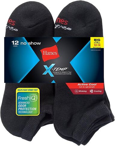 جوارب Hanes 038257760804 للرجال FreshIQ X-Temp Active Cool كبيرة وطويلة بدون عرض، أسود - مقاس 14-12 - عبوة من 12 قطعة in Saudi Arabia