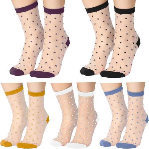 5 Pairs Women Sheer Ankle Socks Dot Patterned Transparent Thin Nylon Stockings Multi-Color Fashion Sock Ultrathin See Through Mesh Socks Cute Casual Ankle Sock for Women and Girls in Saudi Arabia