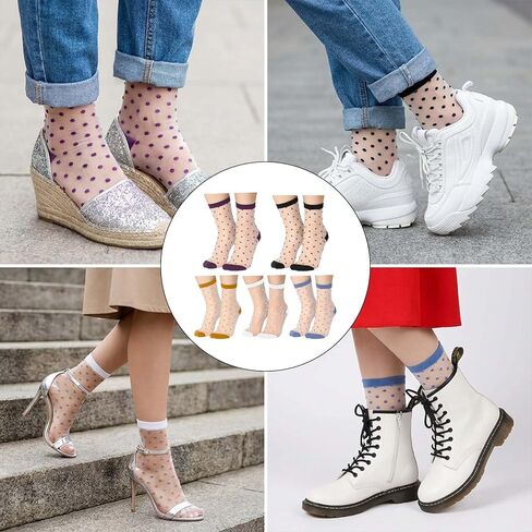 5 Pairs Women Sheer Ankle Socks Dot Patterned Transparent Thin Nylon Stockings Multi-Color Fashion Sock Ultrathin See Through Mesh Socks Cute Casual Ankle Sock for Women and Girls in Saudi Arabia