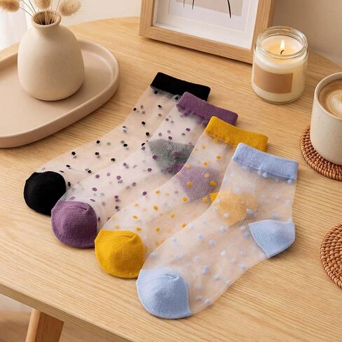 5 Pairs Women Sheer Ankle Socks Dot Patterned Transparent Thin Nylon Stockings Multi-Color Fashion Sock Ultrathin See Through Mesh Socks Cute Casual Ankle Sock for Women and Girls in Saudi Arabia
