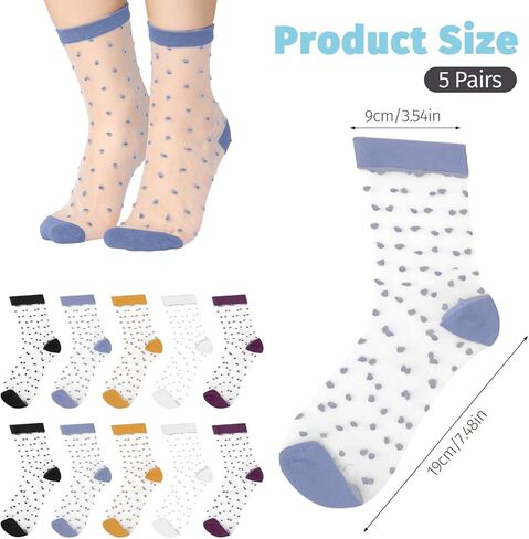 5 Pairs Women Sheer Ankle Socks Dot Patterned Transparent Thin Nylon Stockings Multi-Color Fashion Sock Ultrathin See Through Mesh Socks Cute Casual Ankle Sock for Women and Girls in Saudi Arabia