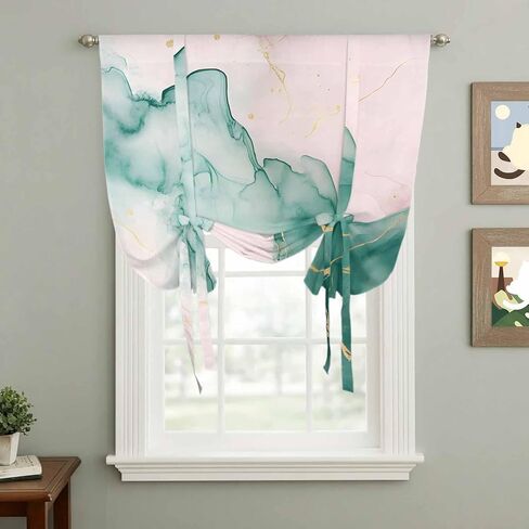 Marble Green Tie Up Curtains for Window, Pink Gold Modern Foil Glitter Wavy Art Thermal Insulated Balloon Shade Adjustable Rod Pocket Curtains Valance Panels for Kitchen Bathroom Café 42'' x 63'' in Saudi Arabia