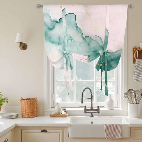 Marble Green Tie Up Curtains for Window, Pink Gold Modern Foil Glitter Wavy Art Thermal Insulated Balloon Shade Adjustable Rod Pocket Curtains Valance Panels for Kitchen Bathroom Café 42'' x 63'' in Saudi Arabia