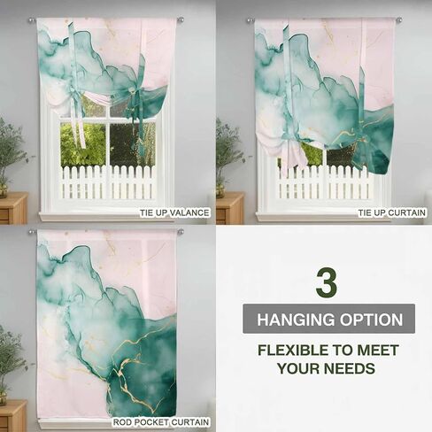 Marble Green Tie Up Curtains for Window, Pink Gold Modern Foil Glitter Wavy Art Thermal Insulated Balloon Shade Adjustable Rod Pocket Curtains Valance Panels for Kitchen Bathroom Café 42'' x 63'' in Saudi Arabia