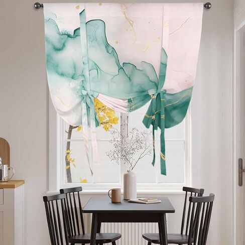 Marble Green Tie Up Curtains for Window, Pink Gold Modern Foil Glitter Wavy Art Thermal Insulated Balloon Shade Adjustable Rod Pocket Curtains Valance Panels for Kitchen Bathroom Café 42'' x 63'' in Saudi Arabia