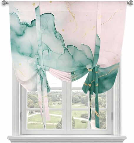 Marble Green Tie Up Curtains for Window, Pink Gold Modern Foil Glitter Wavy Art Thermal Insulated Balloon Shade Adjustable Rod Pocket Curtains Valance Panels for Kitchen Bathroom Café 42'' x 63'' in Saudi Arabia