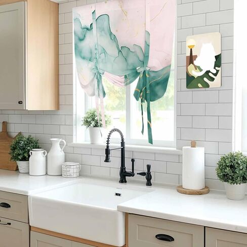 Marble Green Tie Up Curtains for Window, Pink Gold Modern Foil Glitter Wavy Art Thermal Insulated Balloon Shade Adjustable Rod Pocket Curtains Valance Panels for Kitchen Bathroom Café 42'' x 63'' in Saudi Arabia