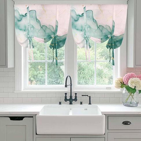 Marble Green Tie Up Curtains for Window, Pink Gold Modern Foil Glitter Wavy Art Thermal Insulated Balloon Shade Adjustable Rod Pocket Curtains Valance Panels for Kitchen Bathroom Café 42'' x 63'' in Saudi Arabia