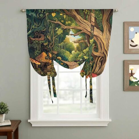 Forest Tie Up Curtains for Window, Vintage Cottage Mushroom Tree Floral Green Thermal Insulated Balloon Shade Adjustable Rod Pocket Curtains Valance Panels for Kitchen Bathroom Café 42'' x 63'' in Saudi Arabia