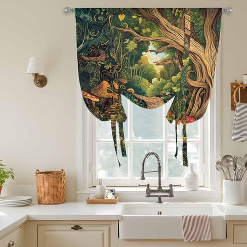 Forest Tie Up Curtains for Window, Vintage Cottage Mushroom Tree Floral Green Thermal Insulated Balloon Shade Adjustable Rod Pocket Curtains Valance Panels for Kitchen Bathroom Café 42'' x 63'' in Saudi Arabia