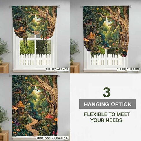 Forest Tie Up Curtains for Window, Vintage Cottage Mushroom Tree Floral Green Thermal Insulated Balloon Shade Adjustable Rod Pocket Curtains Valance Panels for Kitchen Bathroom Café 42'' x 63'' in Saudi Arabia