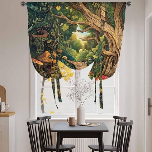Forest Tie Up Curtains for Window, Vintage Cottage Mushroom Tree Floral Green Thermal Insulated Balloon Shade Adjustable Rod Pocket Curtains Valance Panels for Kitchen Bathroom Café 42'' x 63'' in Saudi Arabia
