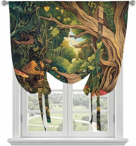 Forest Tie Up Curtains for Window, Vintage Cottage Mushroom Tree Floral Green Thermal Insulated Balloon Shade Adjustable Rod Pocket Curtains Valance Panels for Kitchen Bathroom Café 42'' x 63'' in Saudi Arabia
