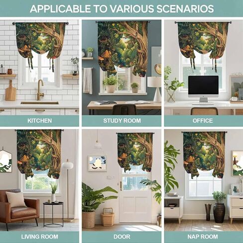 Forest Tie Up Curtains for Window, Vintage Cottage Mushroom Tree Floral Green Thermal Insulated Balloon Shade Adjustable Rod Pocket Curtains Valance Panels for Kitchen Bathroom Café 42'' x 63'' in Saudi Arabia