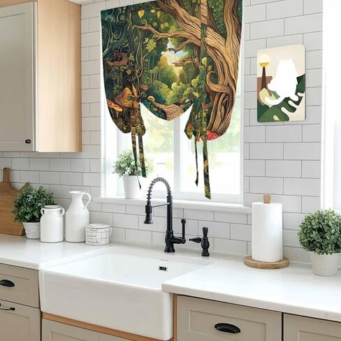 Forest Tie Up Curtains for Window, Vintage Cottage Mushroom Tree Floral Green Thermal Insulated Balloon Shade Adjustable Rod Pocket Curtains Valance Panels for Kitchen Bathroom Café 42'' x 63'' in Saudi Arabia