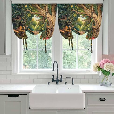 Forest Tie Up Curtains for Window, Vintage Cottage Mushroom Tree Floral Green Thermal Insulated Balloon Shade Adjustable Rod Pocket Curtains Valance Panels for Kitchen Bathroom Café 42'' x 63'' in Saudi Arabia
