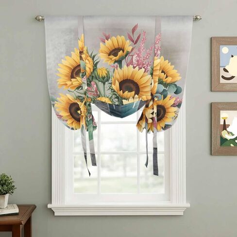 Sunflowers Tie Up Curtains for Window, Spring Botanical Yellow Floral Vases Retro Thermal Insulated Balloon Shade Adjustable Rod Pocket Curtains Valance Panels for Kitchen Bathroom Café 52'' x 63'' in Saudi Arabia