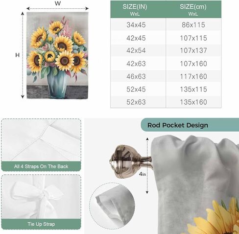 Sunflowers Tie Up Curtains for Window, Spring Botanical Yellow Floral Vases Retro Thermal Insulated Balloon Shade Adjustable Rod Pocket Curtains Valance Panels for Kitchen Bathroom Café 52'' x 63'' in Saudi Arabia