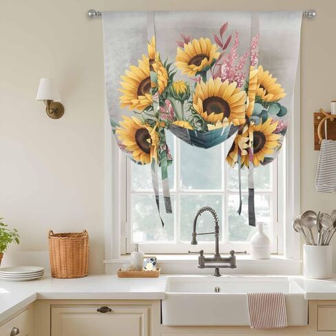 Sunflowers Tie Up Curtains for Window, Spring Botanical Yellow Floral Vases Retro Thermal Insulated Balloon Shade Adjustable Rod Pocket Curtains Valance Panels for Kitchen Bathroom Café 52'' x 63'' in Saudi Arabia
