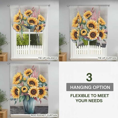 Sunflowers Tie Up Curtains for Window, Spring Botanical Yellow Floral Vases Retro Thermal Insulated Balloon Shade Adjustable Rod Pocket Curtains Valance Panels for Kitchen Bathroom Café 52'' x 63'' in Saudi Arabia