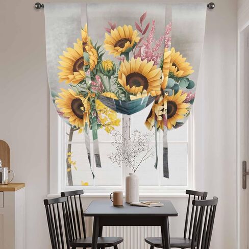 Sunflowers Tie Up Curtains for Window, Spring Botanical Yellow Floral Vases Retro Thermal Insulated Balloon Shade Adjustable Rod Pocket Curtains Valance Panels for Kitchen Bathroom Café 52'' x 63'' in Saudi Arabia