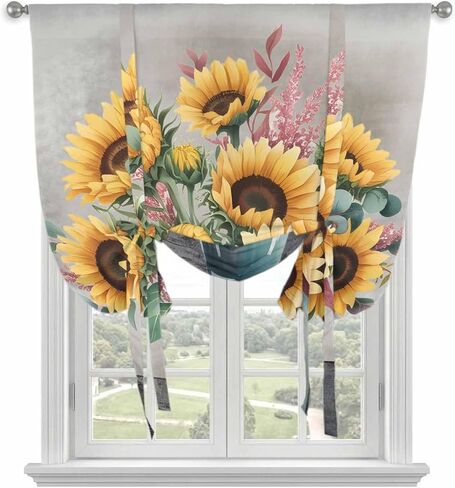 Sunflowers Tie Up Curtains for Window, Spring Botanical Yellow Floral Vases Retro Thermal Insulated Balloon Shade Adjustable Rod Pocket Curtains Valance Panels for Kitchen Bathroom Café 52'' x 63'' in Saudi Arabia