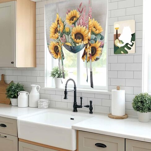 Sunflowers Tie Up Curtains for Window, Spring Botanical Yellow Floral Vases Retro Thermal Insulated Balloon Shade Adjustable Rod Pocket Curtains Valance Panels for Kitchen Bathroom Café 52'' x 63'' in Saudi Arabia