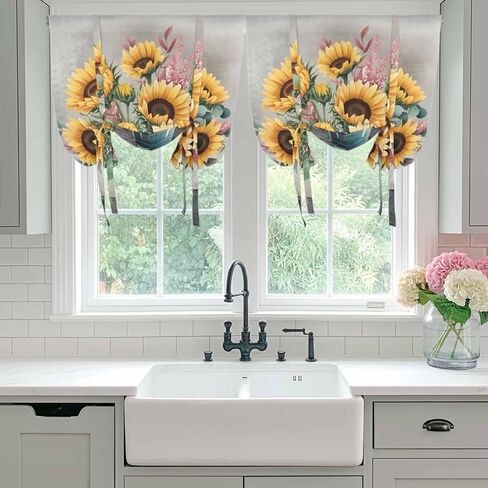 Sunflowers Tie Up Curtains for Window, Spring Botanical Yellow Floral Vases Retro Thermal Insulated Balloon Shade Adjustable Rod Pocket Curtains Valance Panels for Kitchen Bathroom Café 52'' x 63'' in Saudi Arabia