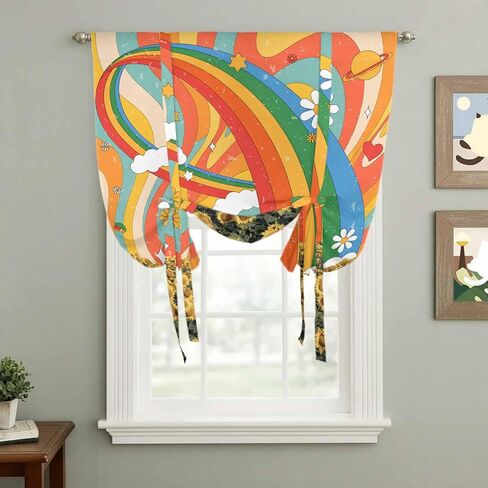 Sunflower Tie Up Curtains for Window, Rainbow Desert Tropical Plants Cartoon Daisy Thermal Insulated Balloon Shade Adjustable Rod Pocket Curtains Valance Panels for Kitchen Bathroom Café 42'' x 54'' in Saudi Arabia