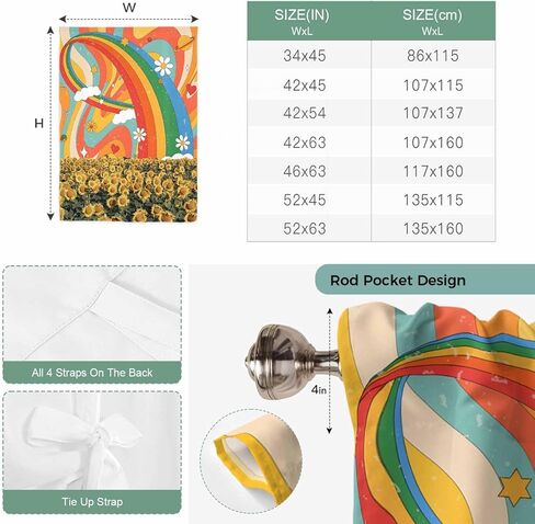 Sunflower Tie Up Curtains for Window, Rainbow Desert Tropical Plants Cartoon Daisy Thermal Insulated Balloon Shade Adjustable Rod Pocket Curtains Valance Panels for Kitchen Bathroom Café 42'' x 54'' in Saudi Arabia