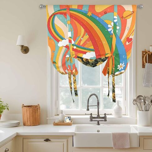 Sunflower Tie Up Curtains for Window, Rainbow Desert Tropical Plants Cartoon Daisy Thermal Insulated Balloon Shade Adjustable Rod Pocket Curtains Valance Panels for Kitchen Bathroom Café 42'' x 54'' in Saudi Arabia