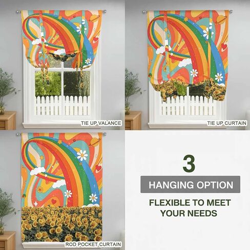 Sunflower Tie Up Curtains for Window, Rainbow Desert Tropical Plants Cartoon Daisy Thermal Insulated Balloon Shade Adjustable Rod Pocket Curtains Valance Panels for Kitchen Bathroom Café 42'' x 54'' in Saudi Arabia